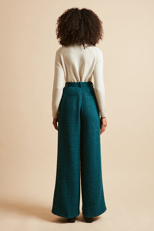 Pantalon large taille haute en tweed de laine lurex dos - Bleu Canard