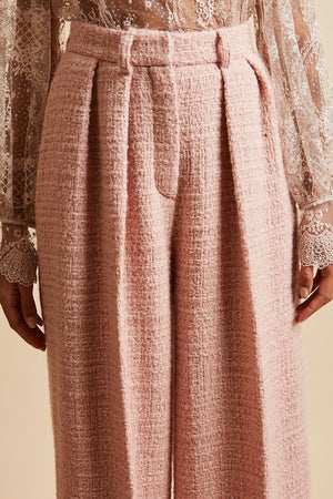 Pantalon large taille haute en tweed de laine lurex détail - Rose