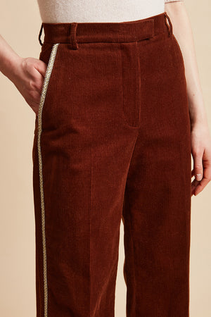 Pantalon coupe droite en velours avec bandes brodées de pierres détail - Marron