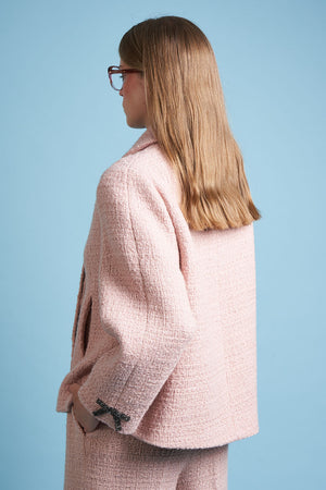 Manteau style cape en twill de laine lurex dos profil - Rose