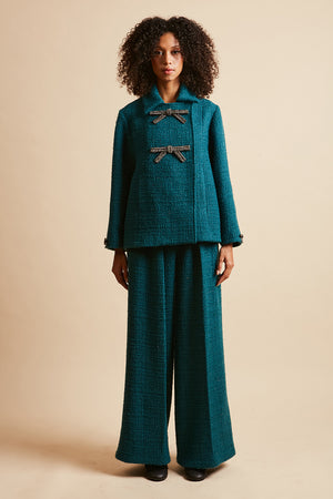 Pantalon large taille haute en tweed de laine lurex total look - Bleu Canard