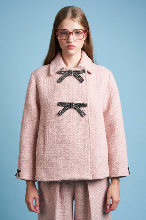 Manteau style cape en twill de laine lurex face - Rose