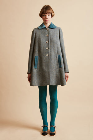 Manteau mi-long en tweed de laine vierge Harris Tweed plein pied - Vert de gris
