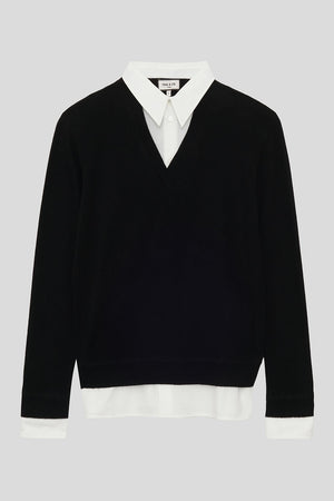 Pull chemise col V en maille de laine et cachemire packshot - Noir Et Blanc