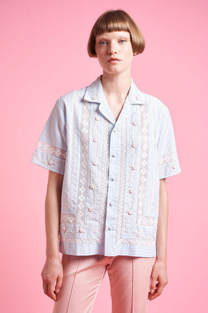 Embroidered shirt with lace insert