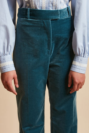 Pantalon droit à revers en velours lisse de coton détail - Bleu Canard