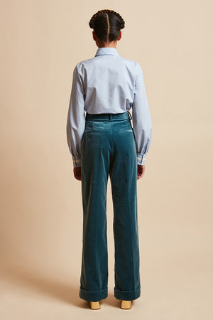 Pantalon droit à revers en velours lisse de coton dos - Bleu Canard