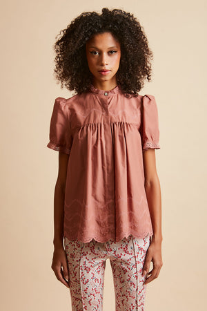 Embroidered blouse with short sleeves in cotton voile