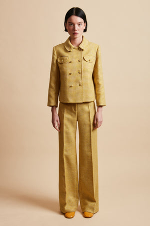 Pantalon en tweed tricolore de mohair et laine tissée en France plein pied - Jaune