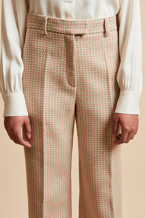 Pantalon en tweed tricolore de mohair et laine tissée en France zoom - Rose