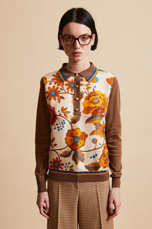 Bi-material polo shirt in merino knit and silk twill