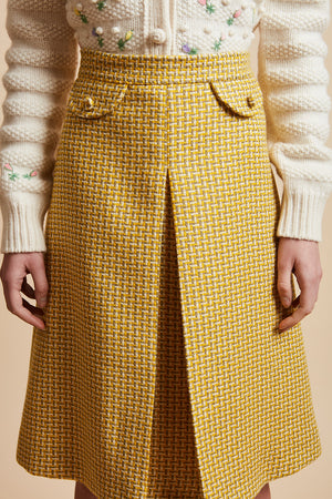 Jupe en tweed tricolore de mohair et laine tissée en France détail - Jaune