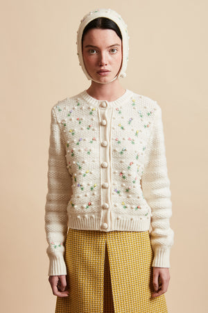 Short merino wool knit cardigan embroidered with flowers