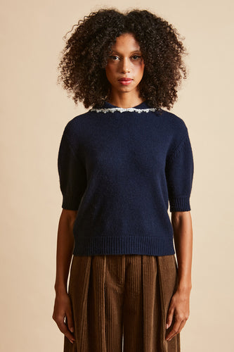 Short-sleeved wool and cashmere knit top