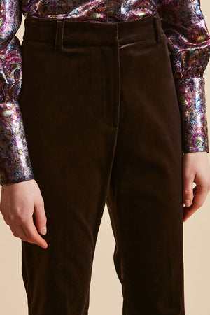 Pantalon coupe droite en velours lisse de coton détail - Marron