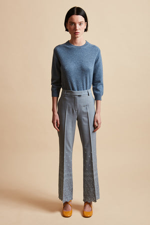 Pantalon en laine vierge tropicale brodé plein pied - Bleu