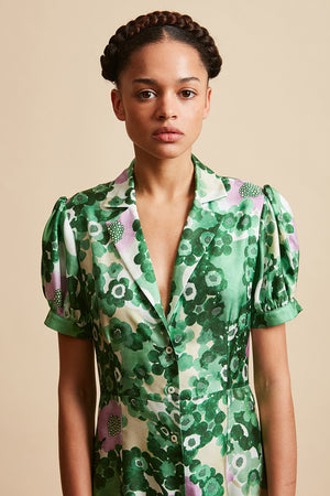 Shirt dress in silk twill with floral pattern