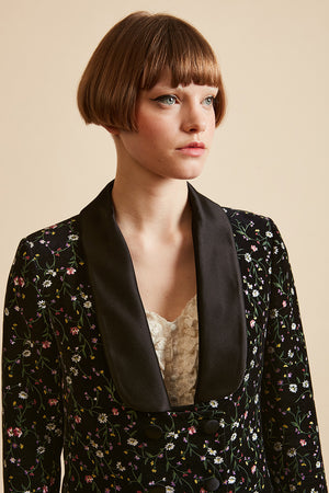Short bolero style jacket in smooth floral printed cotton velvet