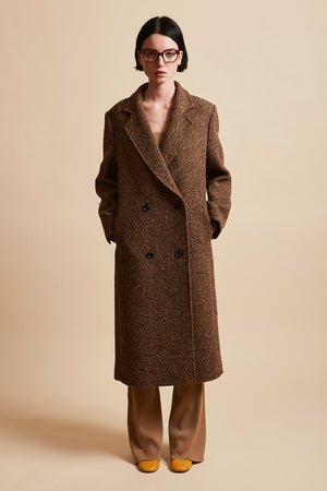 Long herringbone tweed wool coat
