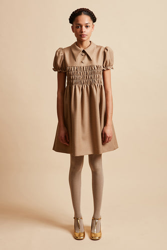 Short smocked dress at the bust in gingham virgin wool