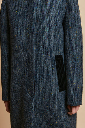 Long coat in Harris Tweed shetland wool with herringbone pattern