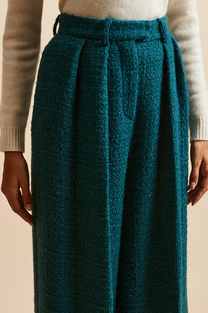 Pantalon large taille haute en tweed de laine lurex détail - Bleu Canard