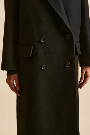 Manteau long évasé en tissu caban laine-cachemire tissé en Italie détail - Noir
