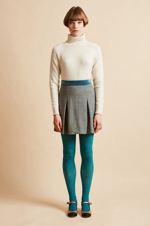 Jupe courte en tweed de laine vierge Harris Tweed plein pied - Vert de gris