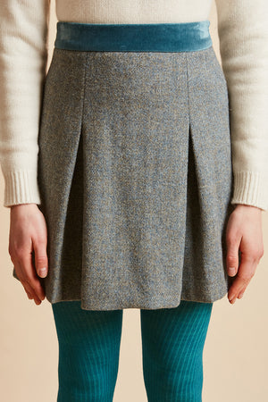 Jupe courte en tweed de laine vierge Harris Tweed détail - Vert de gris