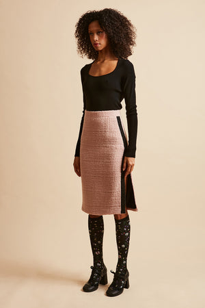 Jupe droite taille haute en tweed de laine lurex profil - Rose