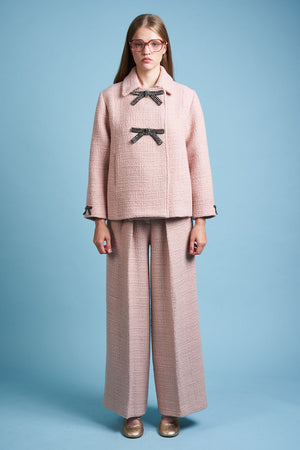 Manteau style cape en twill de laine lurex plein pied - Rose