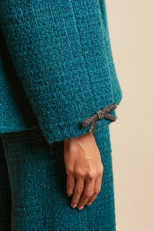 Manteau style cape en twill de laine lurex détail - Bleu Canard