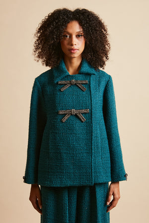 Manteau style cape en twill de laine lurex face bis - Bleu Canard