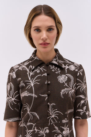 Flannel polo dress embroidered with floral and bird motifs