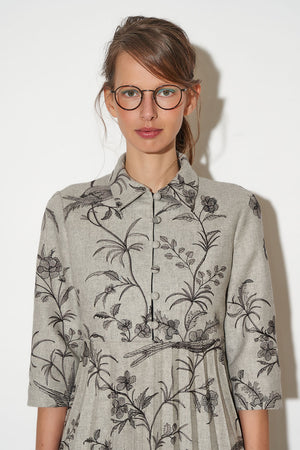 Flannel polo dress embroidered with floral and bird motifs