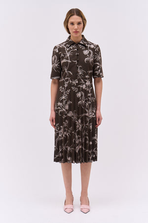 Flannel polo dress embroidered with floral and bird motifs