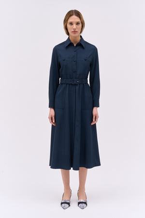 Belted midi-length shirt dress in wool powder grain