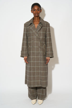 Long checked virgin wool coat