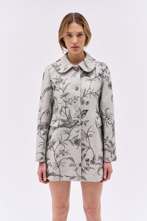 Flannel coat embroidered with floral and bird motifs