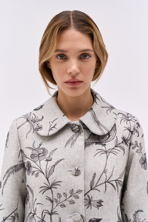 Flannel coat embroidered with floral and bird motifs