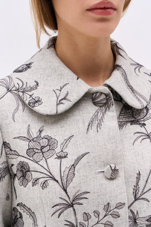 Flannel coat embroidered with floral and bird motifs