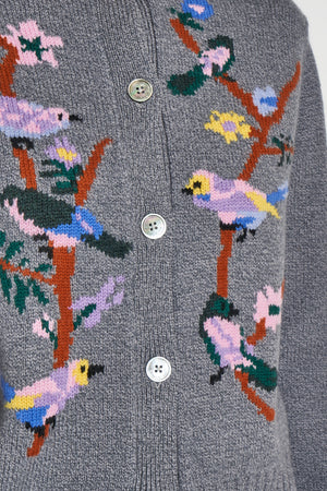 Long sleeve cardigan with intarsia bird pattern in wool