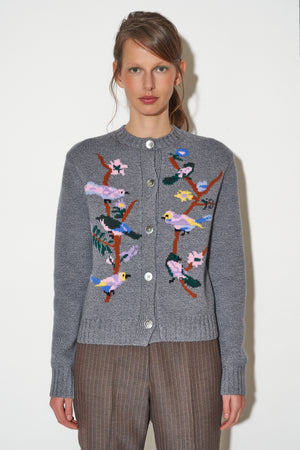 Long sleeve cardigan with intarsia bird pattern in wool