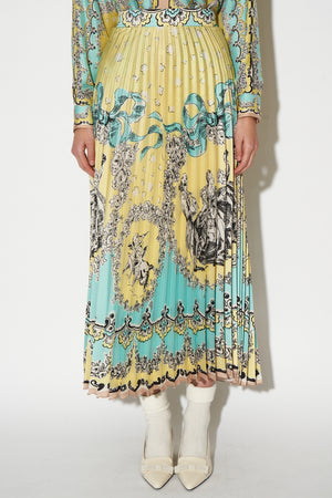 Pleated midi-length skirt in exclusive twill scarf print