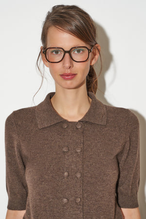 Short-sleeved cashmere cardigan with small covered buttons on the front