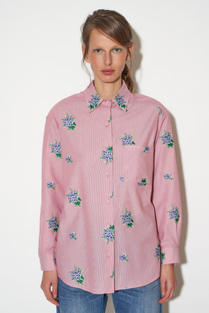 Chemise coupe légèrement oversize en coton avec broderies fleurs face - Rouge