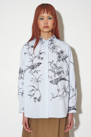 Chemise oversize en popeline de coton broderies oiseaux placés