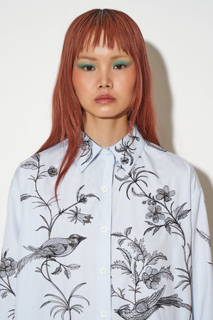 Oversized cotton poplin shirt with bird embroidery