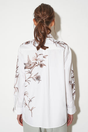 Oversized cotton poplin shirt with bird embroidery