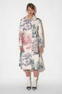 Long trapeze-cut coat with toile de Jouy pattern in woolen fabric